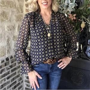 Cabi Style #3772 Navy Mosaic Chiffon Blouse